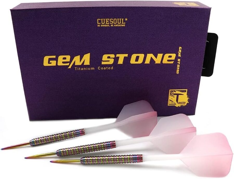 CUESOUL PINK GEM STONE 22g Steel Tip 90% Tungsten Dart Set with Uniformity Titanium Coated and Gradient Color ROST Flights